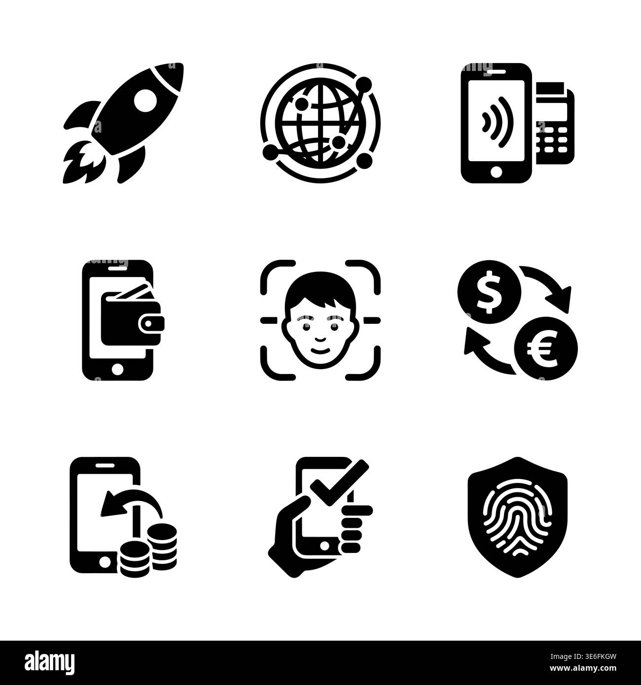Set di icone di pagamento digitale nero semplice e tecnologia Illustrazione Vettoriale