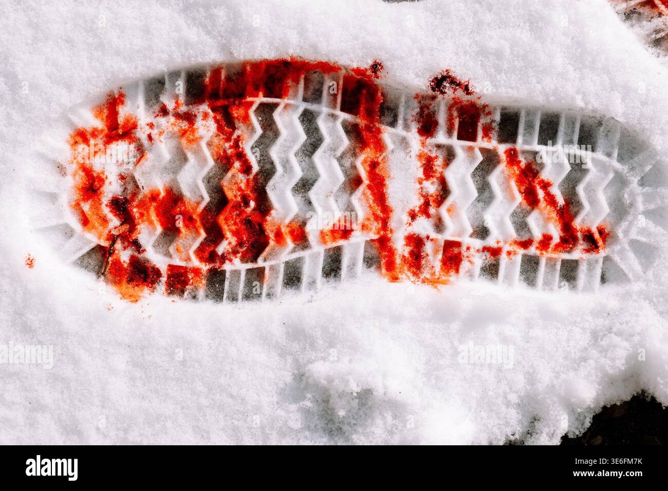 scarpa con impronta di sangue nella neve . pubblicazioni sul crimine, storie investigative, copertine di libri. indagine sulla scena del crimine, tracciamento dei movimenti Foto Stock