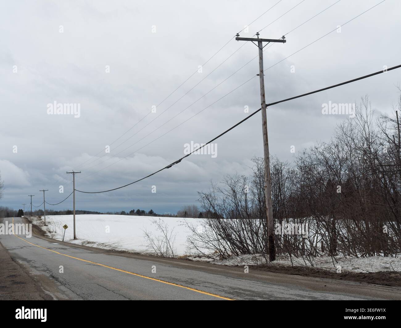 Una strada rurale fiancheggiata da pali di servizio in inverno, Quebec, Canada Foto Stock