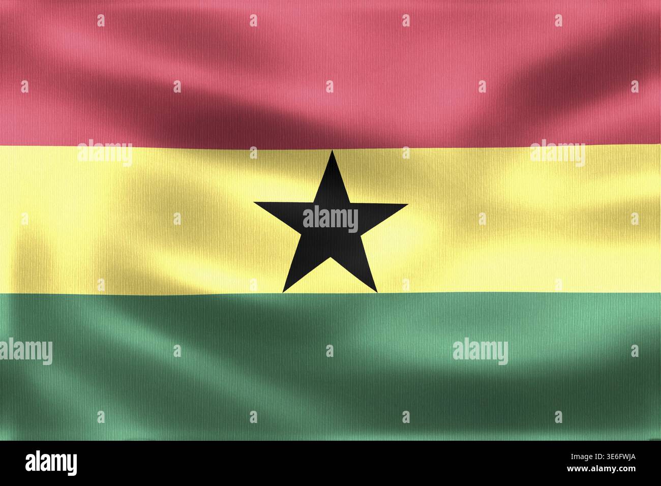 Realistica illustrazione vettoriale che cattura la bandiera del Ghana sventolando con orgoglio nel vento, mostrando colori vivaci di rosso, giallo, verde e nero Foto Stock