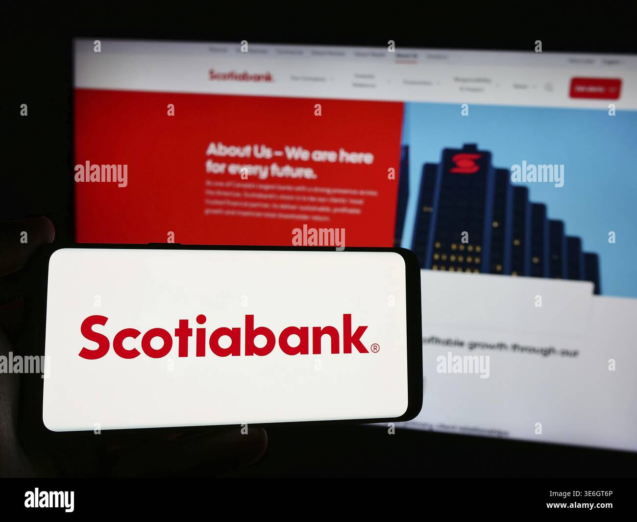 Stoccarda, Germania - 12-08-2024: Persona con smartphone con logo della società finanziaria Bank of Nova Scotia (Scotiabank) davanti al sito web. Concentrati Foto Stock