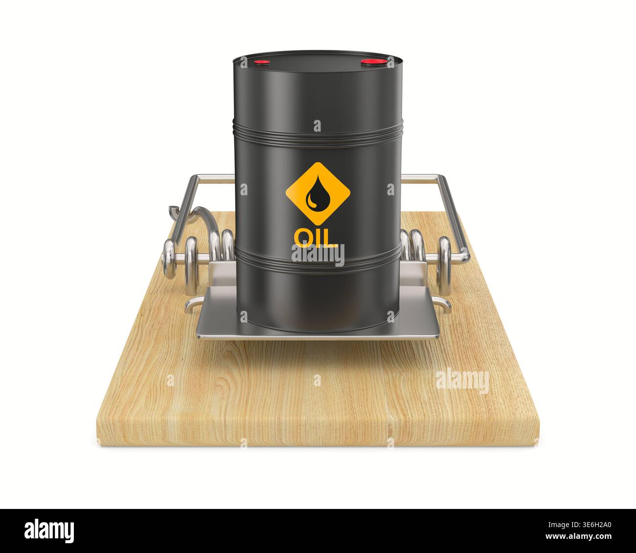 Tamburo di olio di acciaio nero su mousetrap. Illustrazione 3D isolata su sfondo bianco Foto Stock