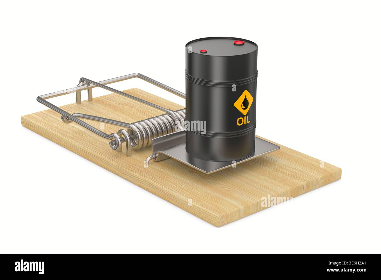 Tamburo di olio di acciaio nero su mousetrap. Illustrazione 3D isolata su sfondo bianco Foto Stock