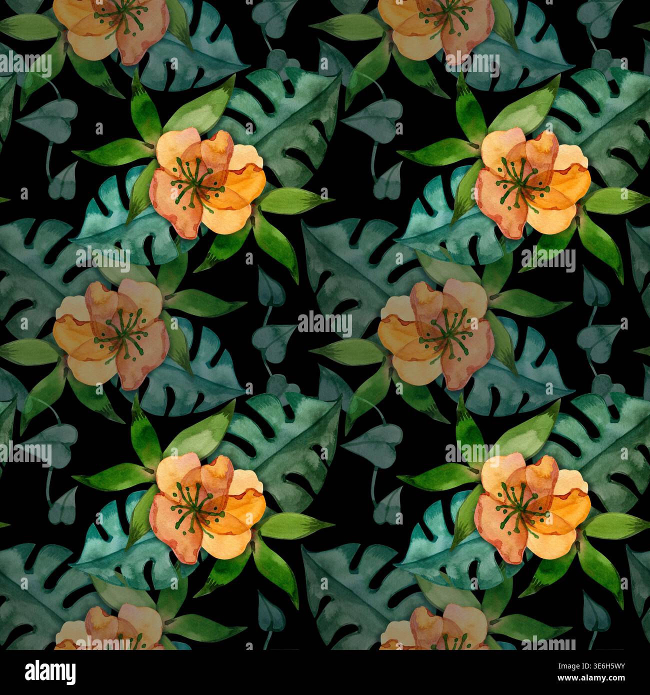 Acquerello disegnato a mano, motivo senza cuciture con foglie di monstera tropicale e delicati fiori d'arancio. Vibrante texture botanica di piante esotiche, perfetta Foto Stock