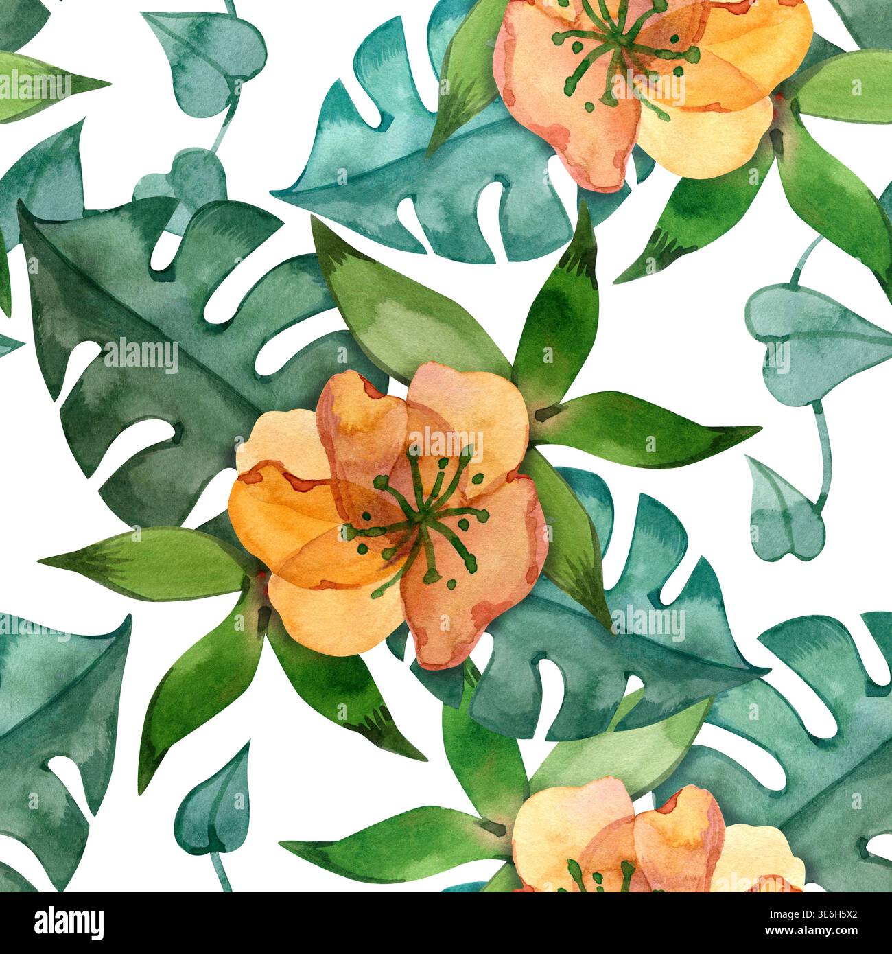 Acquerello disegnato a mano, motivo senza cuciture con foglie di monstera tropicale e delicati fiori d'arancio. Vibrante texture botanica di piante esotiche, perfetta Foto Stock