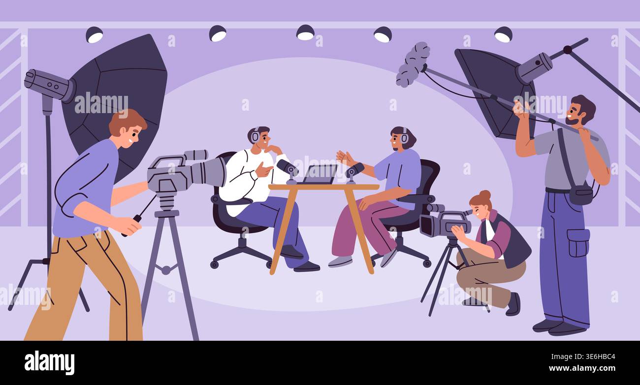 Processo di produzione di filmati video. Riprese di un'intervista in studio di trasmissione, registrazione trasmissione, ingegnere del suono e cameraman, media professionali Illustrazione Vettoriale