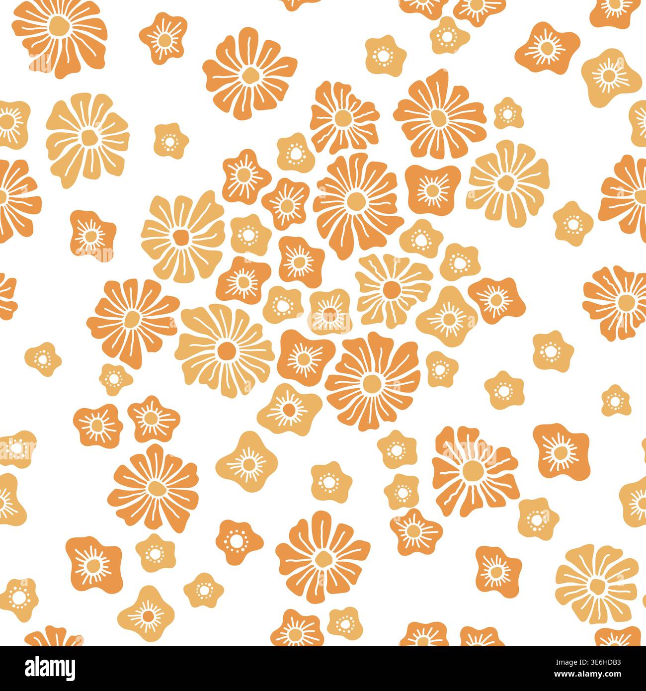 Motivo floreale senza cuciture con semplici forme astratte a margherita e piccoli fiori, sfondo primaverile chiaro in fiori arancioni pastello su bianco Illustrazione Vettoriale