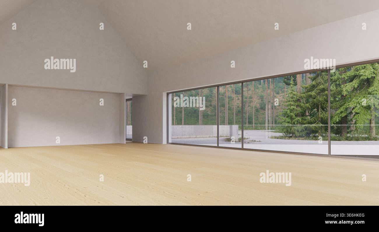 Interni moderni e vuoti con soffitto alto e pavimento in legno chiaro. Le grandi finestre panoramiche offrono una vista di una fitta pineta verde. Foto Stock