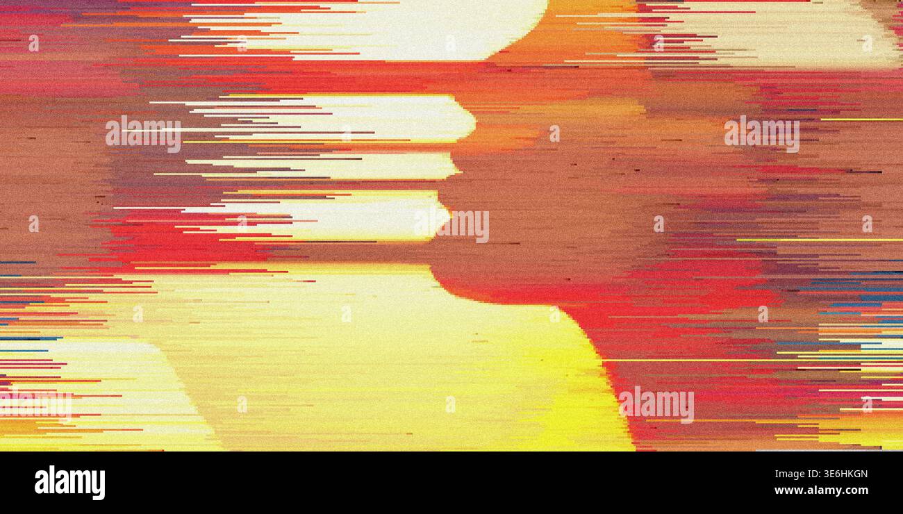 Un'opera d'arte digitale colorata con un mix di colori rosso, arancione e giallo, caratterizzata da linee orizzontali distorte e un effetto glitchy, che crea un effetto vivace Foto Stock