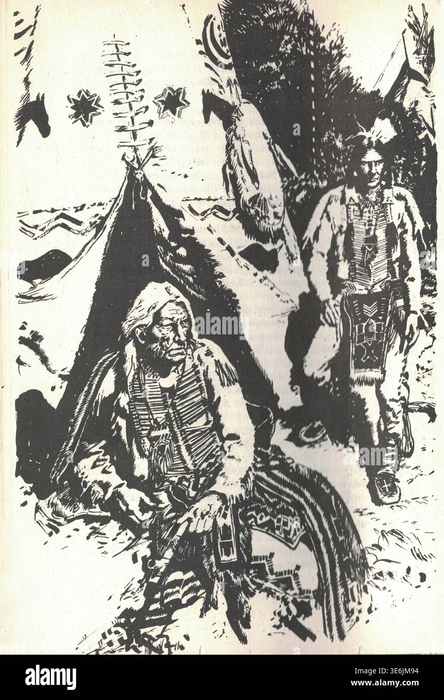 Anziani e guerrieri nativi americani si riuniscono vicino a un teepee in un'illustrazione storica. Questa opera d'arte raffigura uomini indigeni in abiti tradizionali, tra cui collane con perline e copricapi piumati, in una scena che evoca la vita e la cultura dei nativi americani. Foto Stock