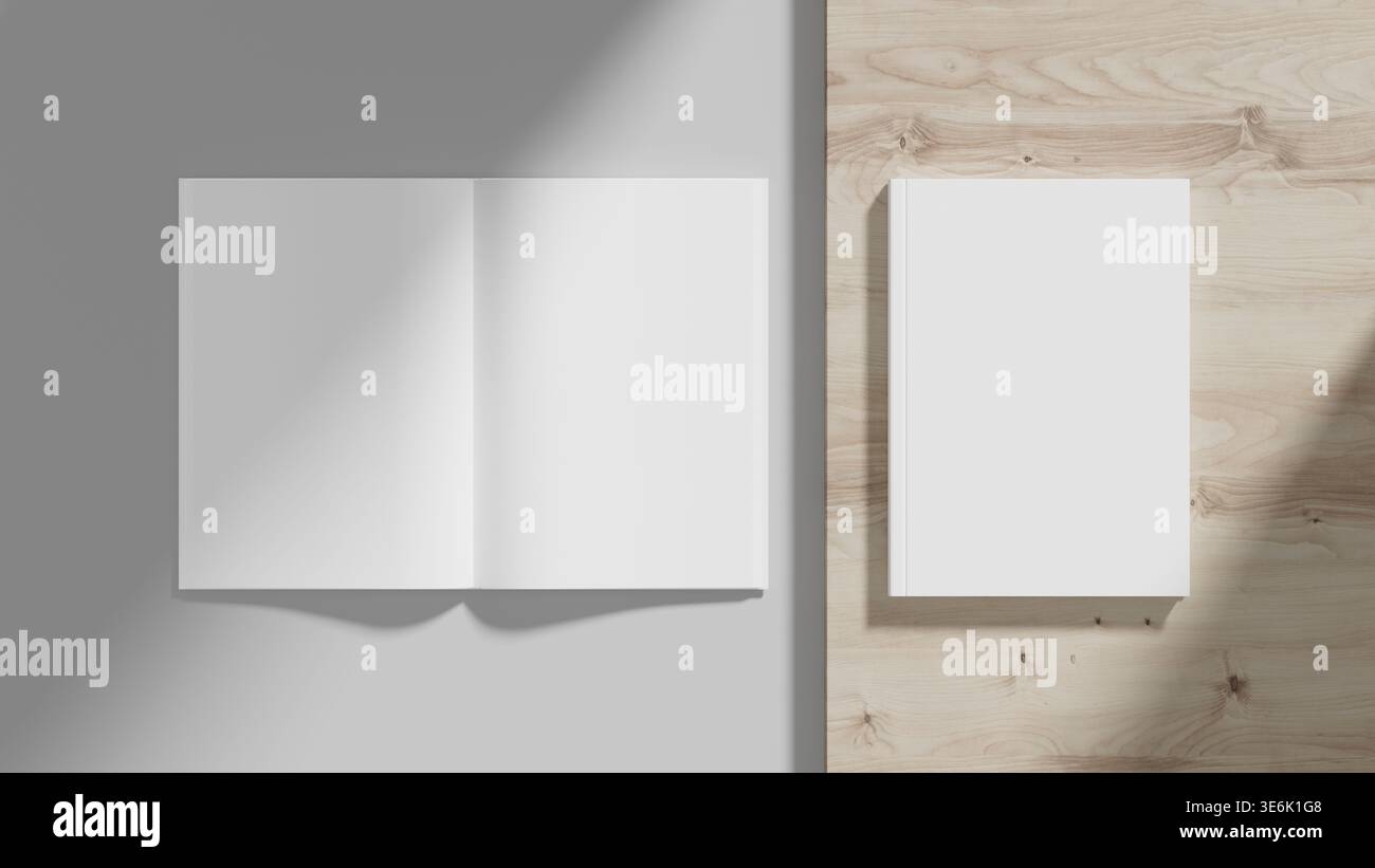 Mockup di libri in copertina rigida su sfondo in legno chiaro con design minimalista, texture realistiche e forte spazio negativo, perfetto per editoriali, pubblicazione Foto Stock