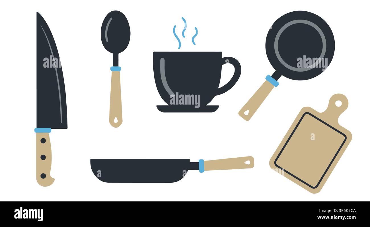 Le icone degli utensili da cucina impostano l'illustrazione vettoriale, la raccolta degli utensili da cucina Illustrazione Vettoriale