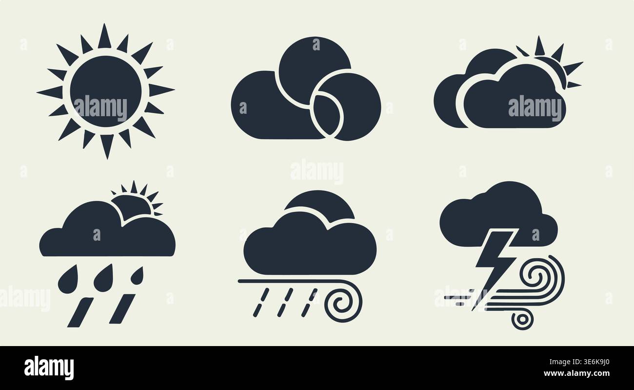 Set di vettori delle icone meteo, raccolta di simboli del clima piatto Illustrazione Vettoriale