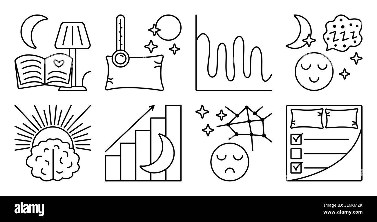 Qualità e produttività del sonno, set di icone della linea nera. Contorno monocromatico raccolta di segni di sonno buoni e cattivi, colpo modificabile vari somnology symbo Illustrazione Vettoriale