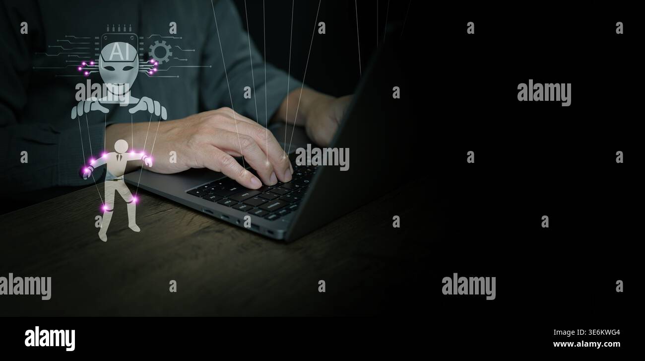 Un dipendente dell'ufficio è controllato dall'IA come un burattino. Le stringhe sulle mani umane e l'icona del lavoratore simboleggiano l'illusione del controllo umano in modalità automatizzata Foto Stock