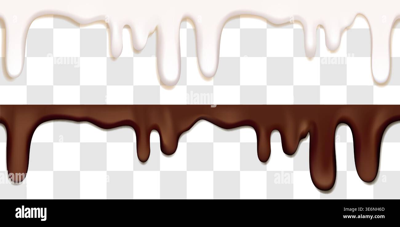 Gocciolamento di salsa bianco latte, cioccolato fuso, flusso liquido gelato. Yogurt 3D texture realistica, vettoriale schizzi bg. Cornice per sciroppo ondulato in pancake o che Illustrazione Vettoriale