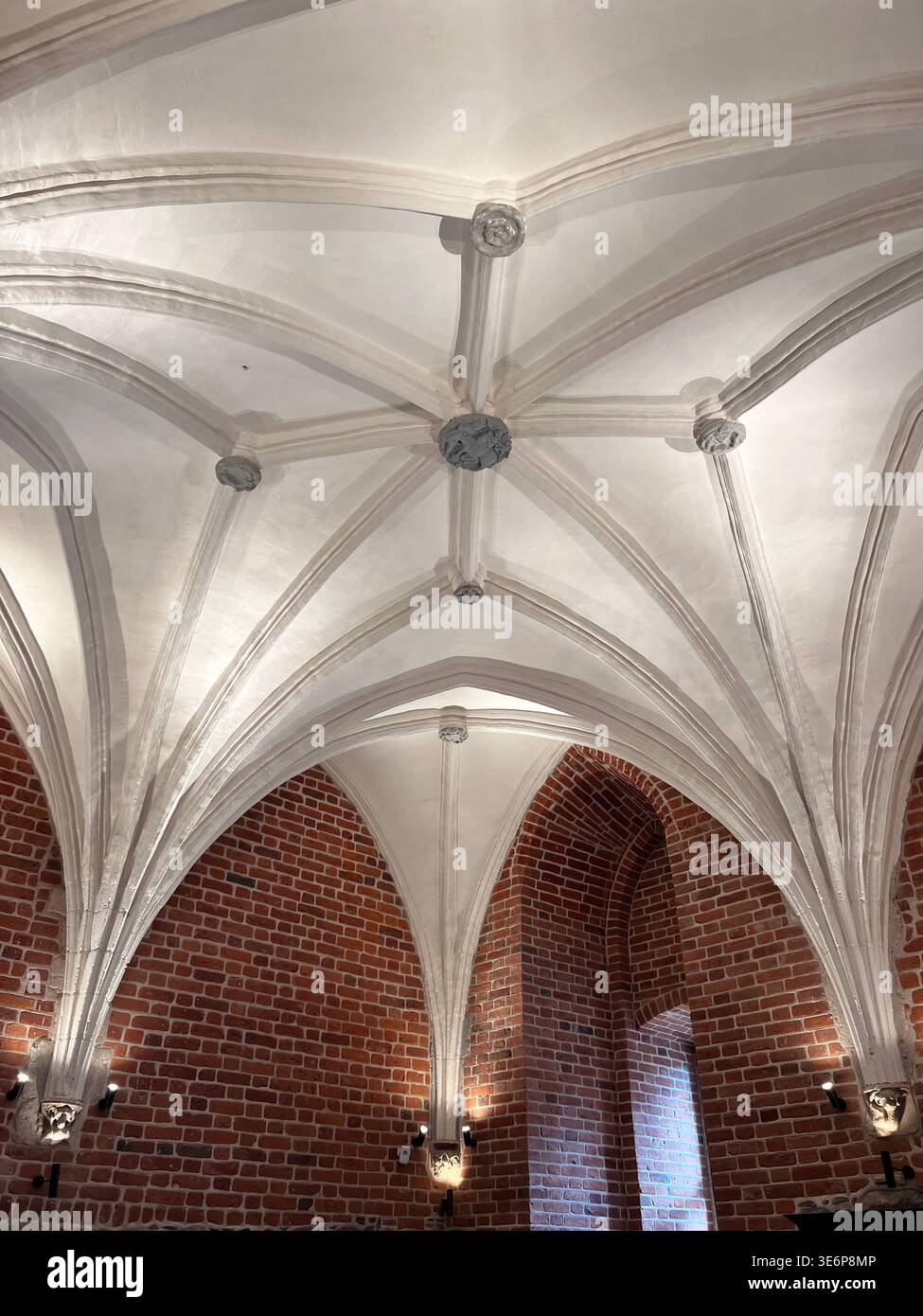 Soffitto a volta all'interno di uno storico edificio in mattoni nel castello di Tapiau, Gvardeysk, Oblast' di Kaliningrad, Russia. - Immagine stock catturata con smartphone