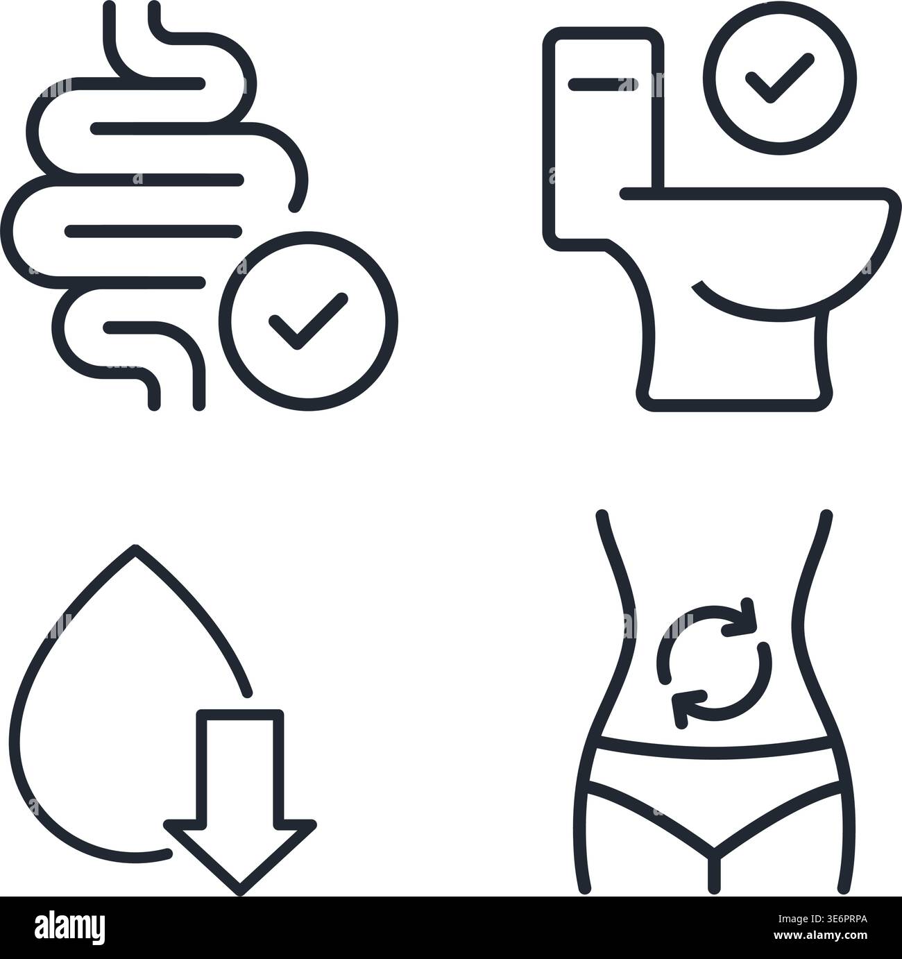 Un set di quattro icone minimaliste che rappresentano digestione sana, regolarità intestinale e benessere metabolico. Illustrazione delle scorte. Illustrazione Vettoriale