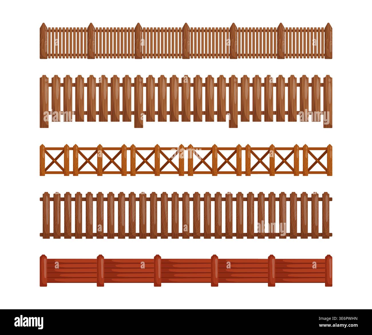 Set di recinzioni in legno in diversi stili, isolate su sfondo bianco, perfette per giochi 2D di fattoria, scene di giardino, progettazione di livelli, set di tileset, paesaggio dic Illustrazione Vettoriale