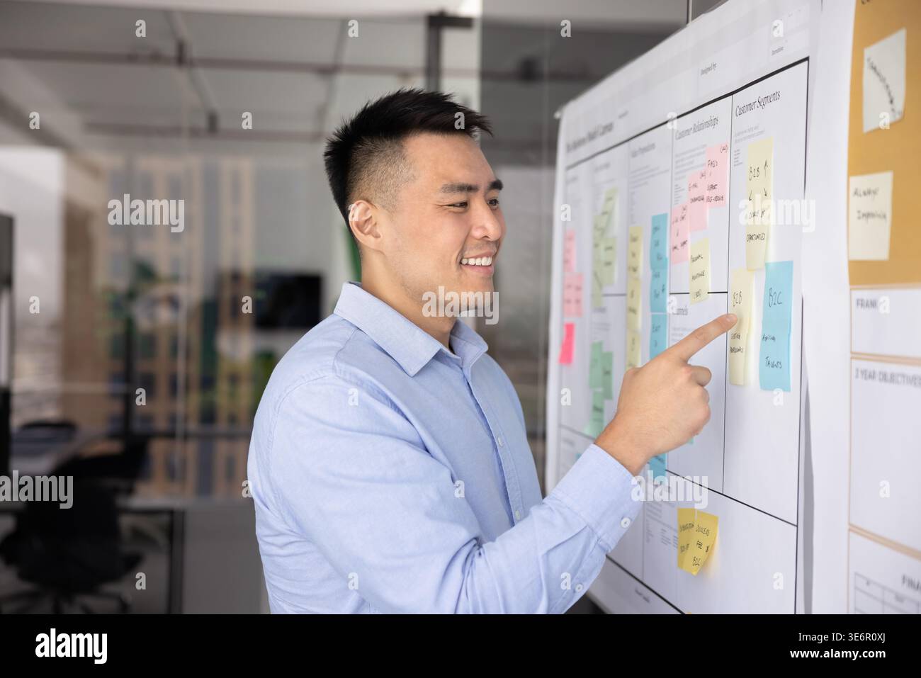 Un giovane uomo d'affari sorridente che mostra una nota colorata su un modello scrum Foto Stock