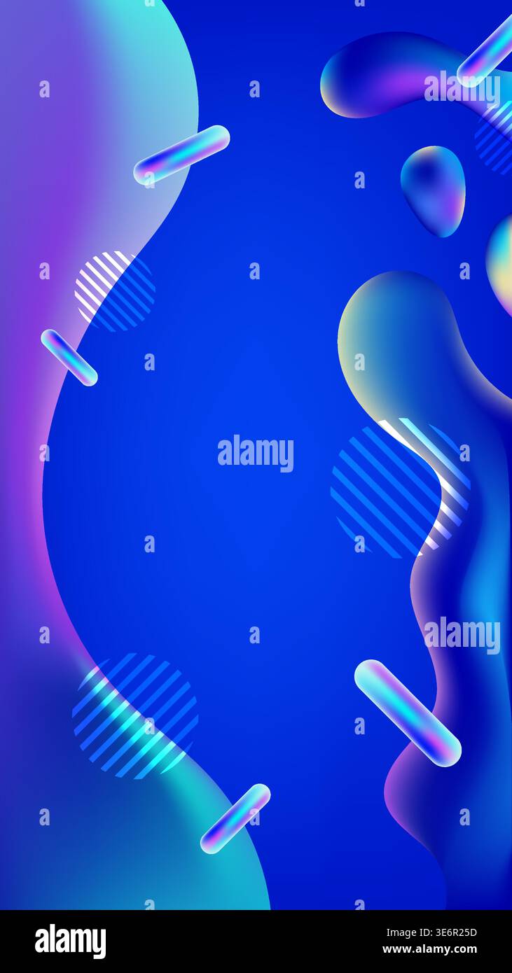 vivace sfondo astratto liquido 3d con forme fluide iridescenti e capsule lucide su sfondo blu per una carta da parati digitale futuristica e moderna Illustrazione Vettoriale