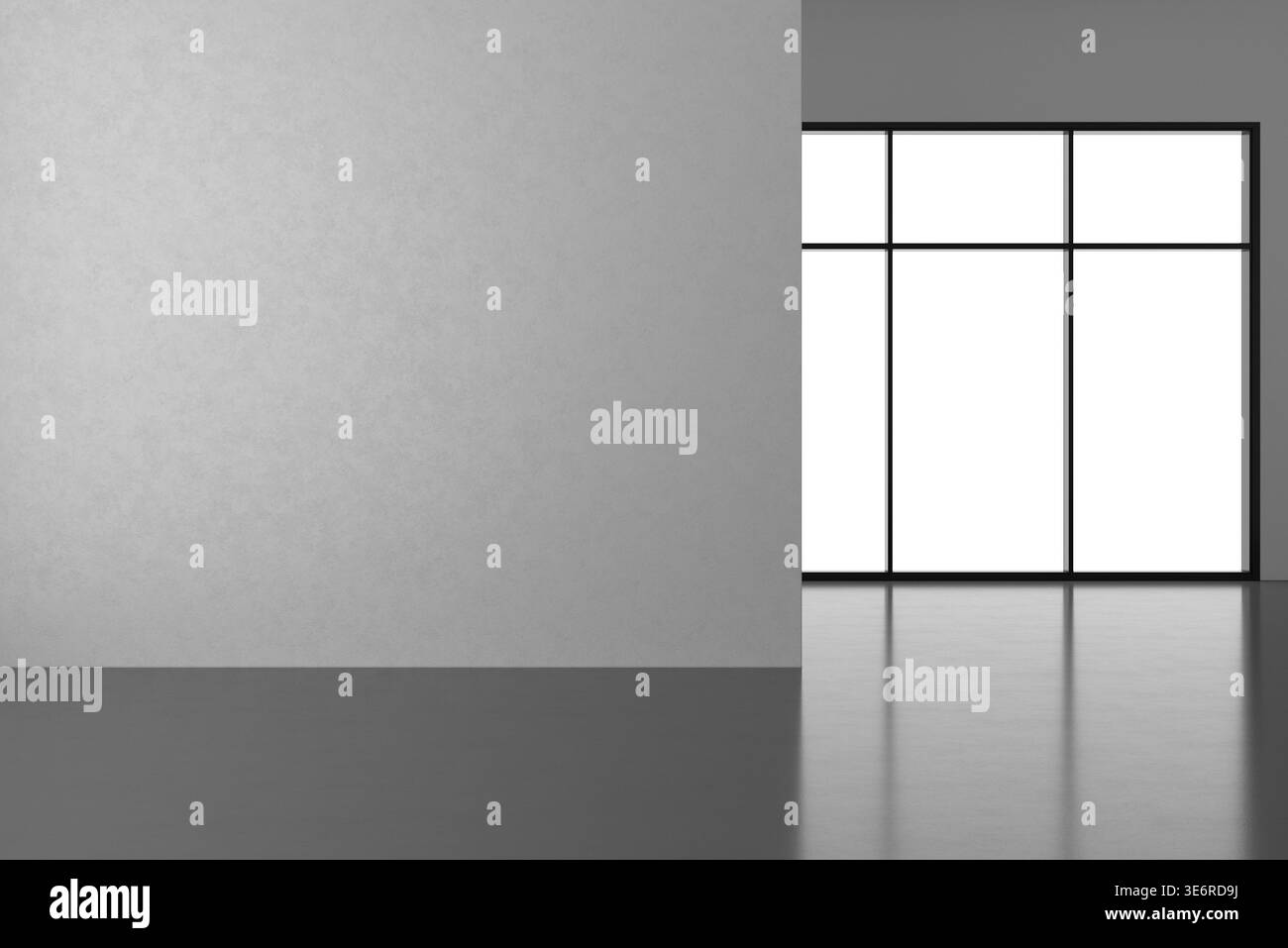 Camera moderna e minimalista vuota con parete grigia, grande finestra e pavimento riflettente. Ideale per lo sfondo dell'ufficio, la galleria o il mockup di interni. Foto Stock