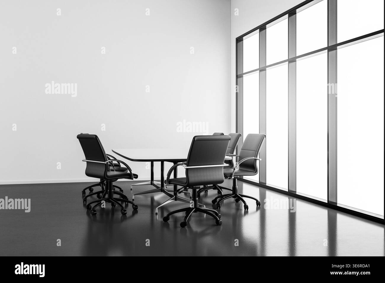 Sala conferenze moderna e minimalista con tavolo bianco e sedie in pelle nera. Concetto per riunioni aziendali, uffici aziendali e collaborazione. Foto Stock