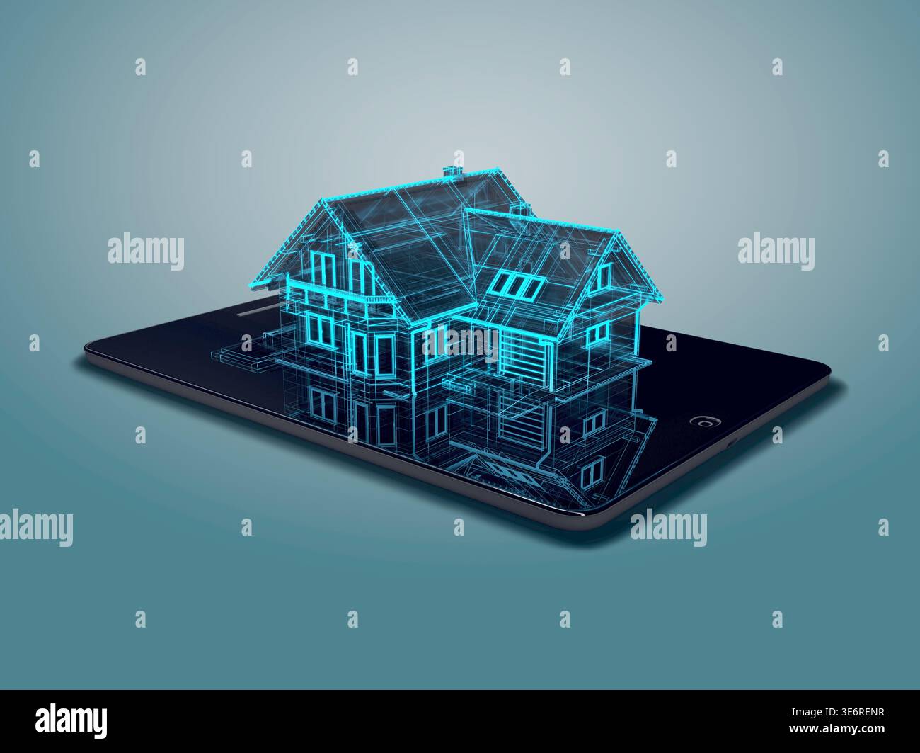Modello di wireframe 3D per la casa digitale su schermo di un tablet. Concetto di tecnologia per la casa intelligente, applicazioni di progettazione architettonica e soluzioni digitali immobiliari. Foto Stock