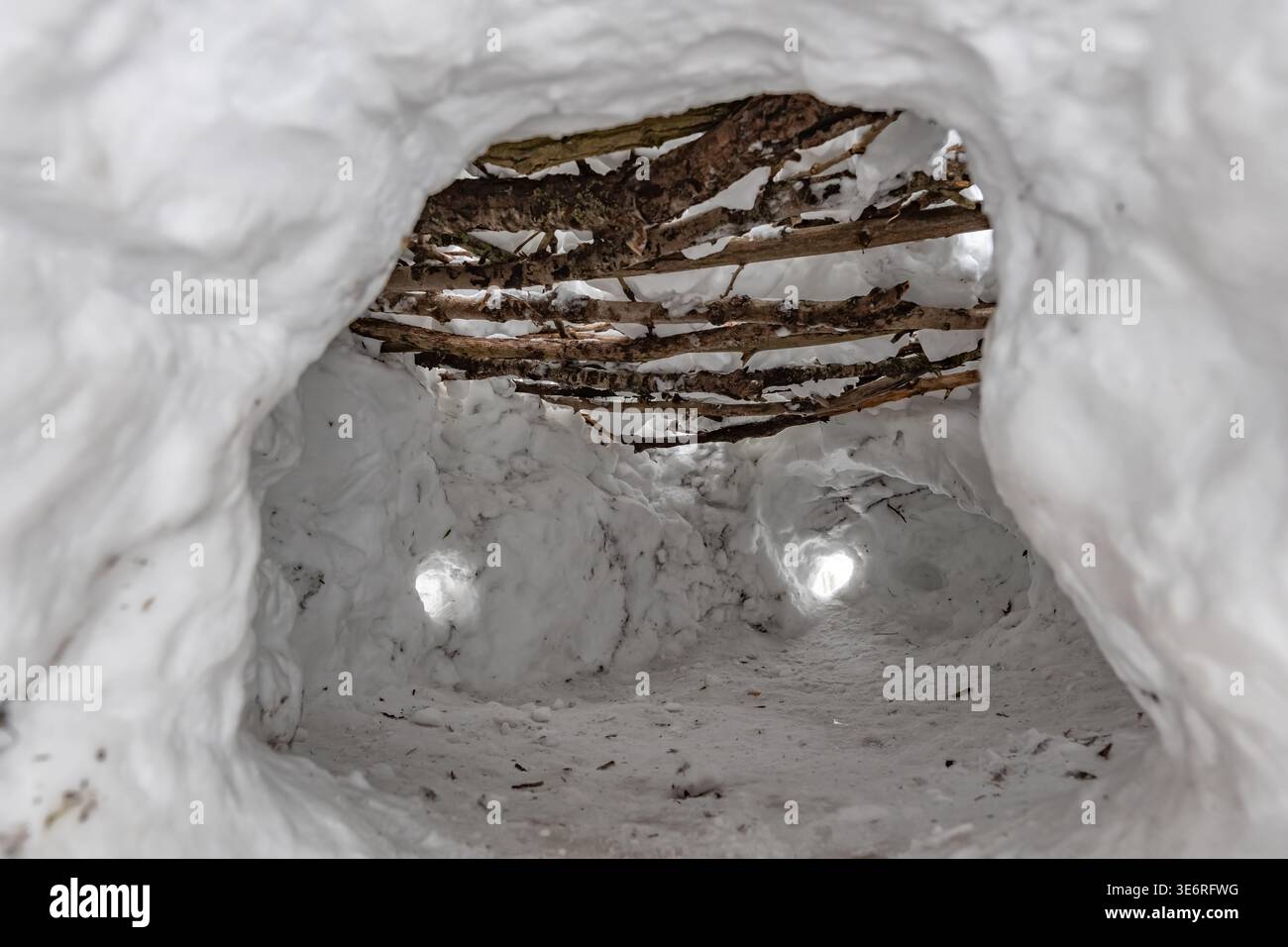 Interni Igloo, struttura semplice con finestre in neve e tronchi di legno per il supporto del tetto, costruiti per il divertimento nella stagione invernale. Foto Stock