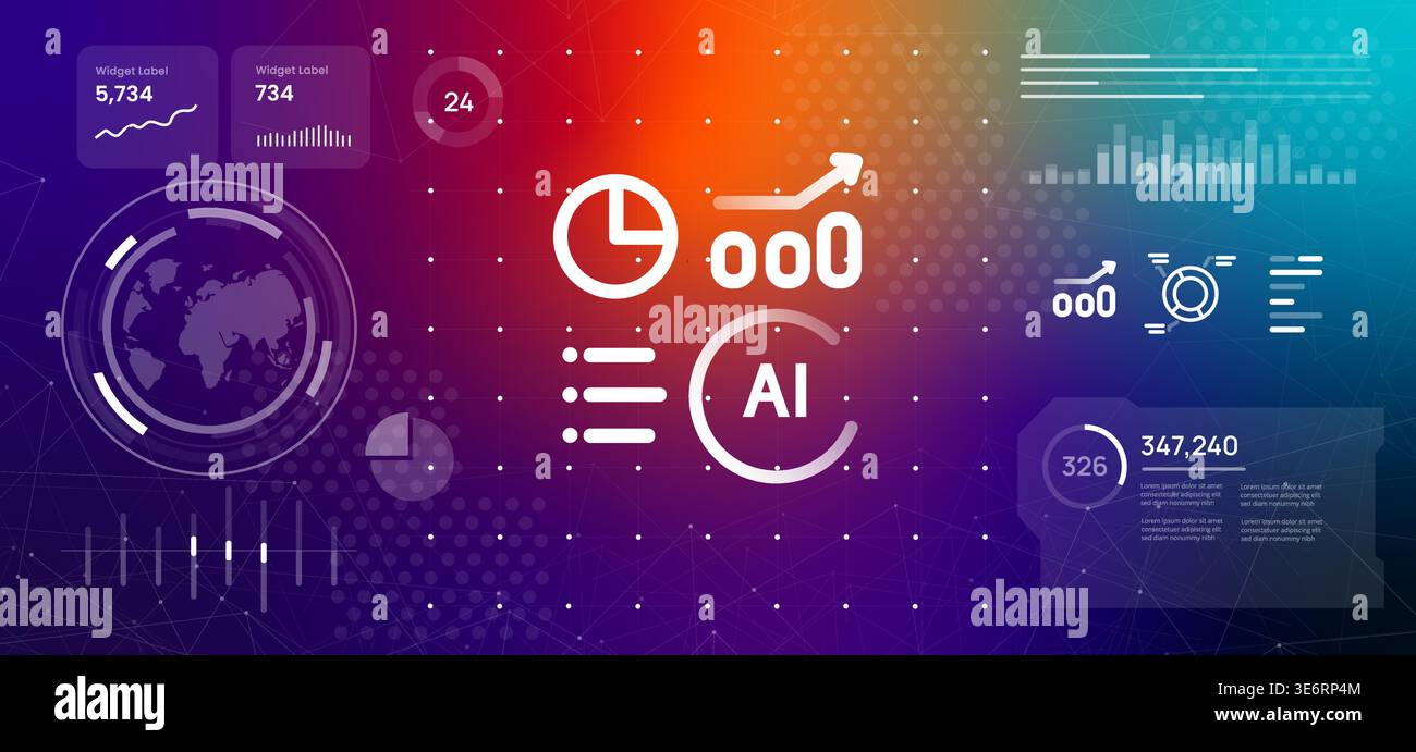 concetto di intelligenza artificiale e analisi dei big data che mostra le icone dell'intelligenza artificiale i grafici di crescita finanziaria e le statistiche sullo sfondo del dashboard digitale Illustrazione Vettoriale