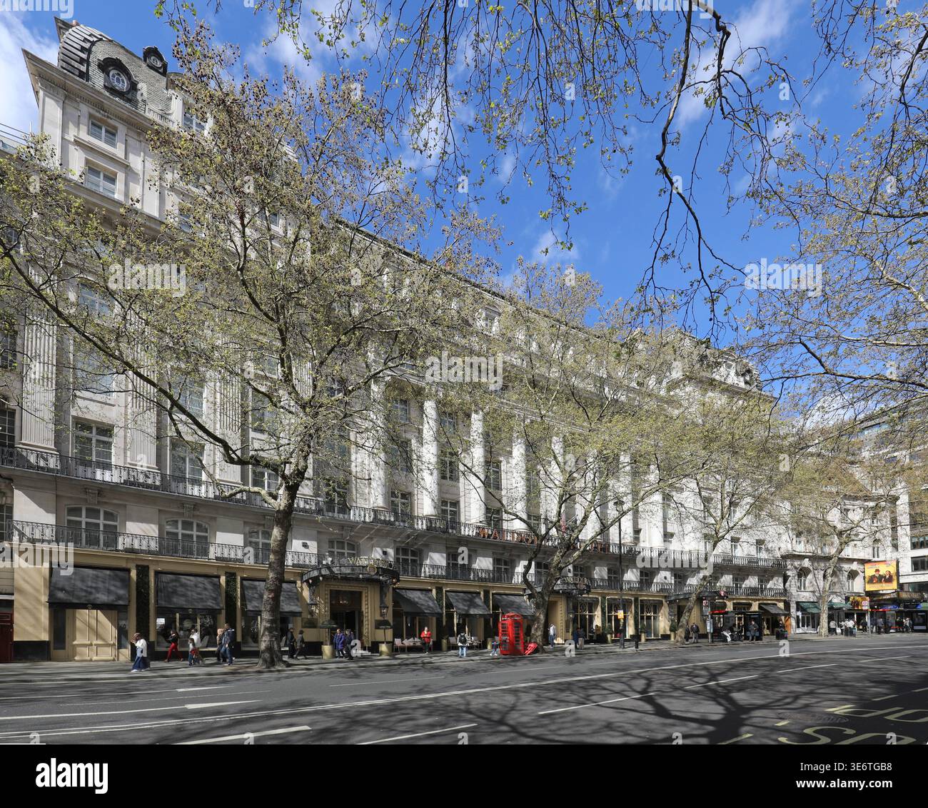 Vista esterna del Waldorf Hilton Hotel di Londra sull'Aldwych. Elevazione della strada principale che mostra l'ingresso. Foto Stock