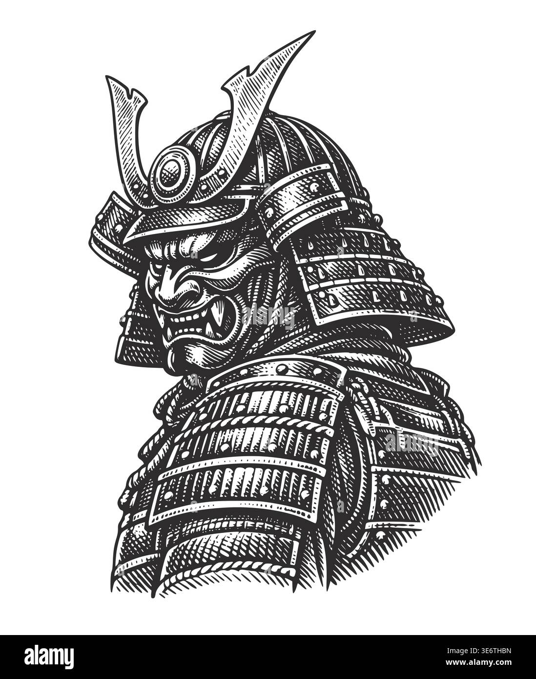 Intricata illustrazione vettoriale di un samurai giapponese con casco kabuto e maschera menpo. Incisione vintage dettagliata con schiusa in legno. Spirito Bushido per stampe di t-shirt, tatuaggi o poster. Illustrazione Vettoriale