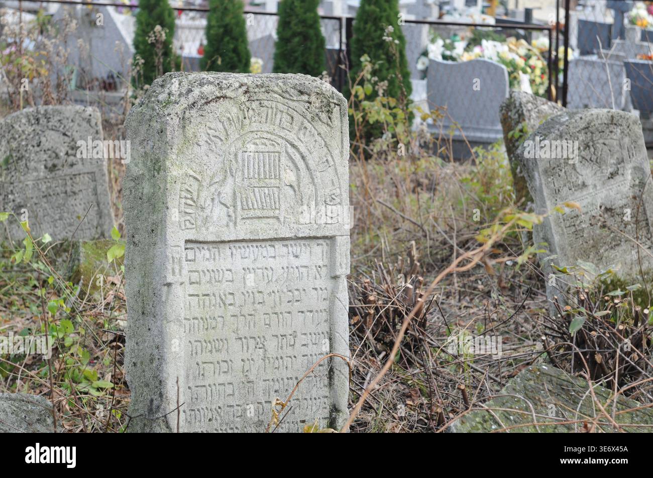 Lapide ebraica con un rilievo di una libreria, che simboleggia la vita di uno studioso, nel cimitero di Lubaczow, in Polonia. Foto Stock