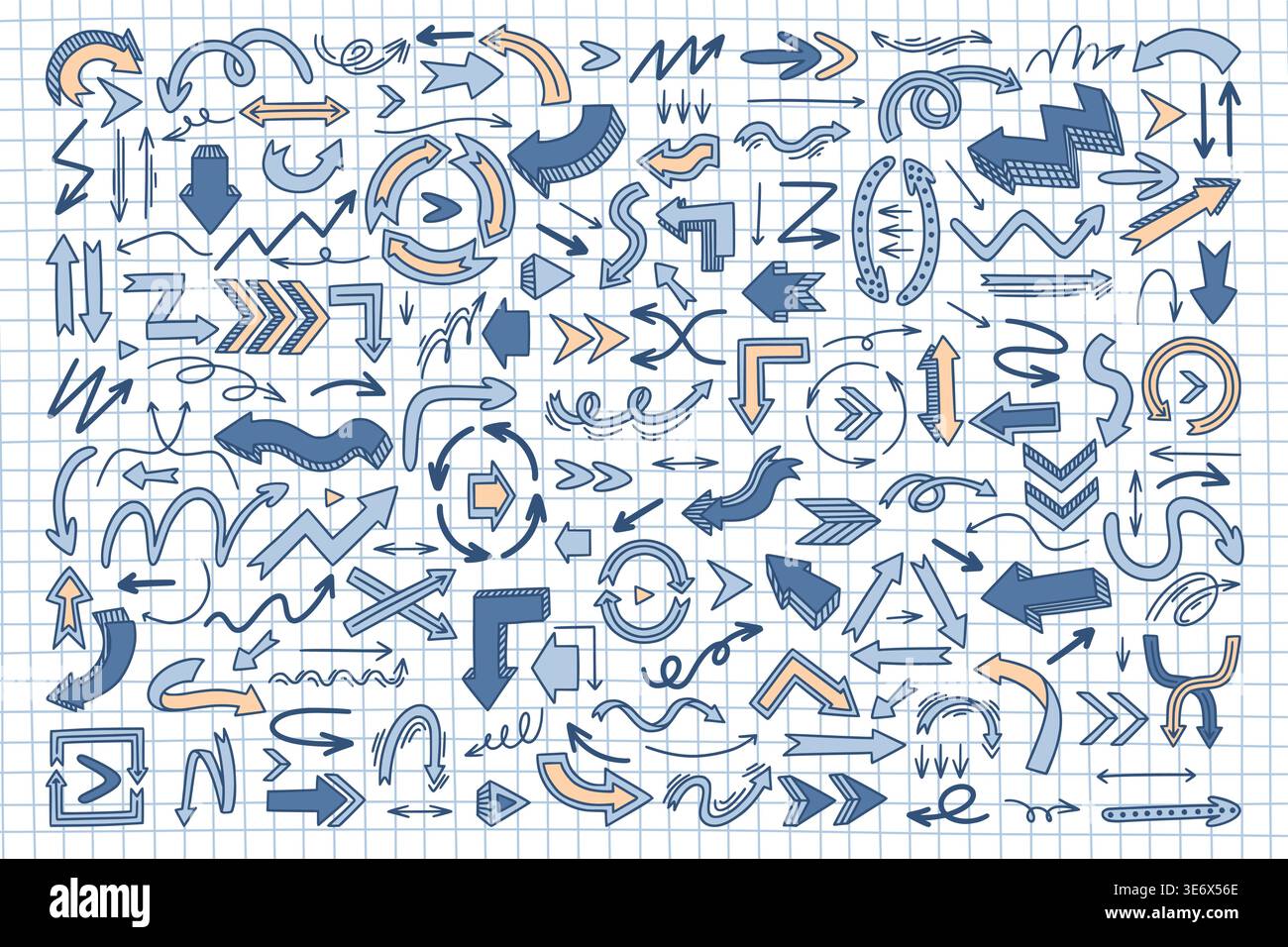 Frecce Doodle. Graziosi puntatori disegnati a mano, segno a matita o elemento a puntatore vintage. Simboli di navigazione su sfondo bianco e nero. Presentazione di visualizzazione. Set isolato di cartoni animati vettoriali Illustrazione Vettoriale