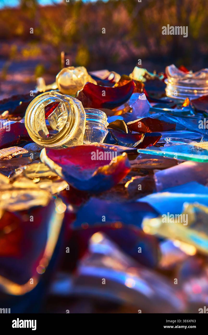 Frammenti colorati e giara del deserto illuminata dal sole Foto Stock