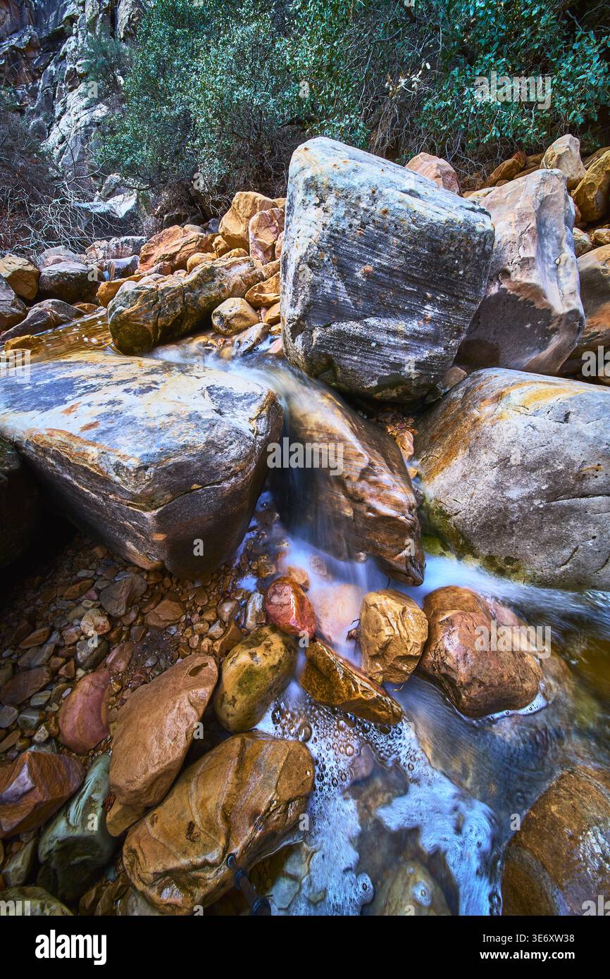 Red Rock Canyon Stream e Boulders con Winter Foliage nella natura del Nevada Foto Stock