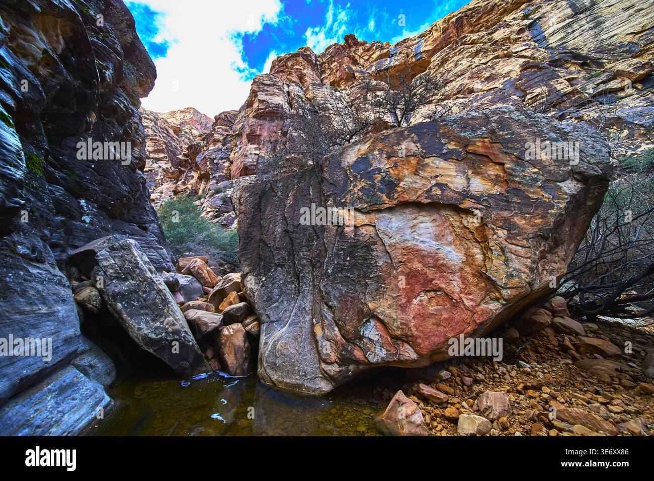 Red Rock Canyon Ice Box Canyon Large Boulder e Desert Cliffs in inverno Foto Stock