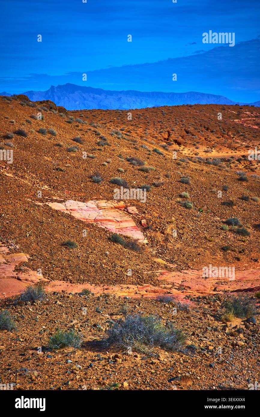 Desert Hills con terreno roccioso e lontane Blue Mountains sotto il vibrante cielo Foto Stock