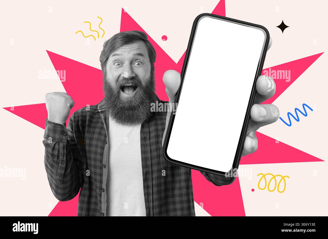 La persona festeggia con il telefono in mano su sfondo colorato Foto Stock