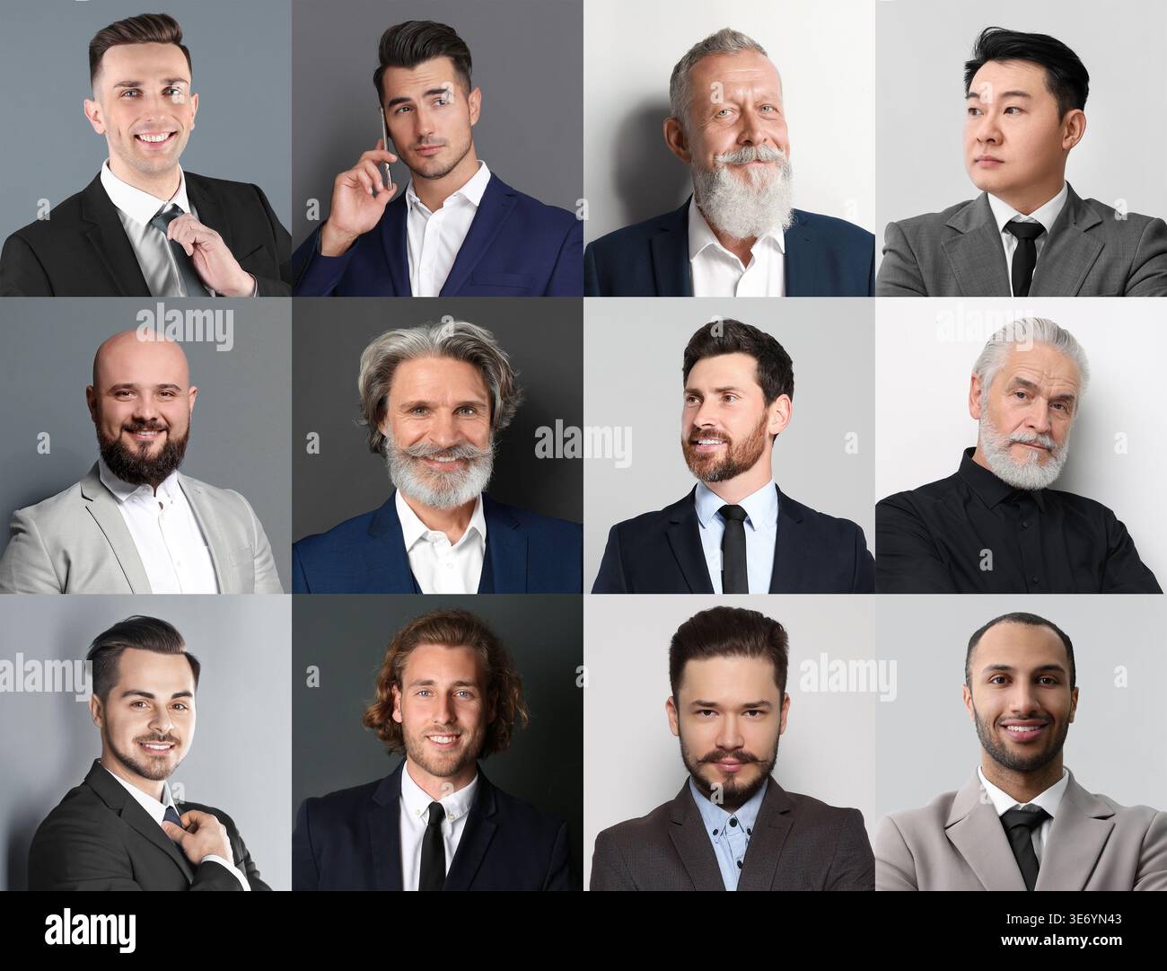 Ampia collezione di ritratti maschili. Uomini di età diverse Foto Stock