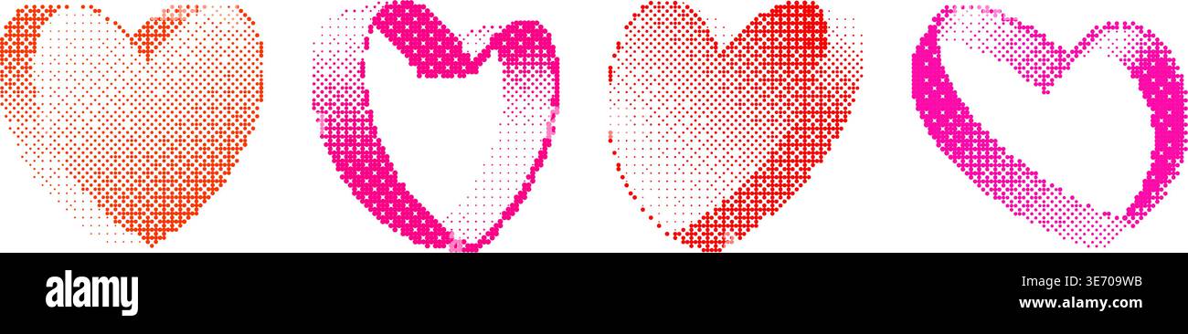 Raccolta cuore mezzitoni pixel. Elementi di design bitmap a forma di cuore per adesivi, collage, striscioni, poster, collage. Set di cuori rasterizzati in 3d con retinatura rossa e rosa. Bundle effetto retro Y2K a 8 bit. Vettore Illustrazione Vettoriale