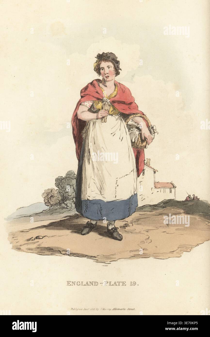 Fiammiferi che vendono fiammiferi per strada. Ha un cestino e una manciata di fiammiferi di legno lunghi. Indossa un berretto, un mantello, fichu, chemise, grembiule con toppa e petticoats, scarpe con fibbia. Incisione su lastra di rame colorata a mano di William Alexander dalle sue pittoresche rappresentazioni di The Dress and Manners of the English, John Murray, Londra, 1814. Foto Stock