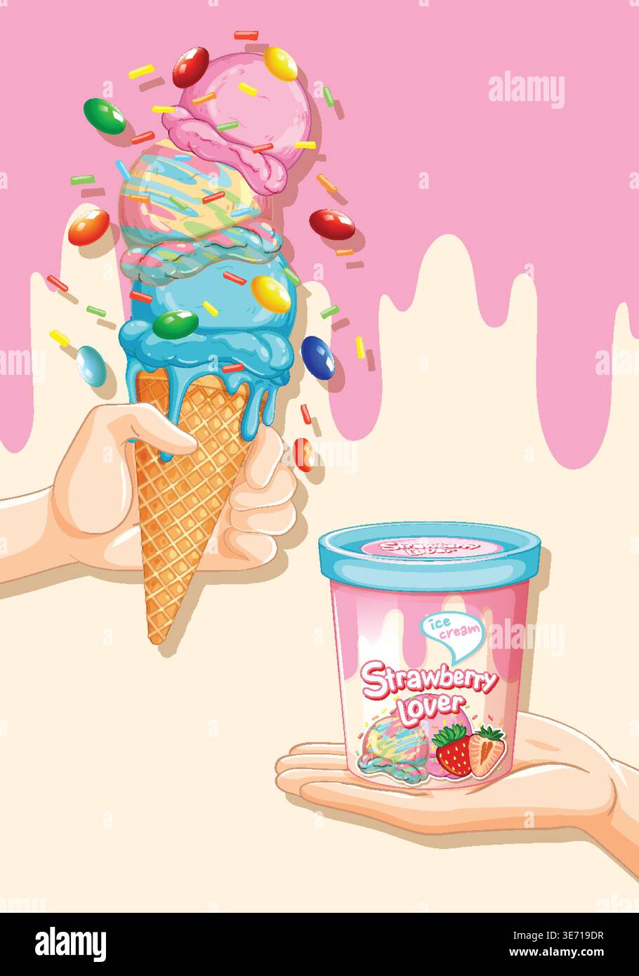 Illustrazione vettoriale delle mani che tengono in mano un cono multi-paletta e un contenitore per gelato alle fragole Illustrazione Vettoriale