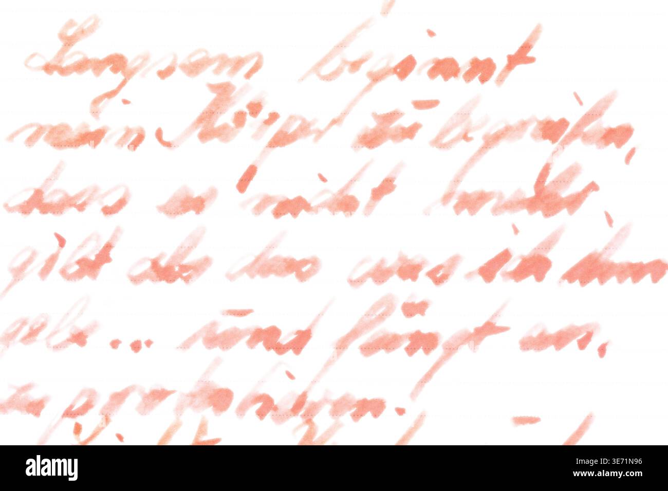 Testo sfocato scritto a mano in tedesco con inchiostro rosso su carta bianca. Lo script è corsivo e scorrevole, con lettere poco chiare e sovrapposte, che lo rendono di Foto Stock