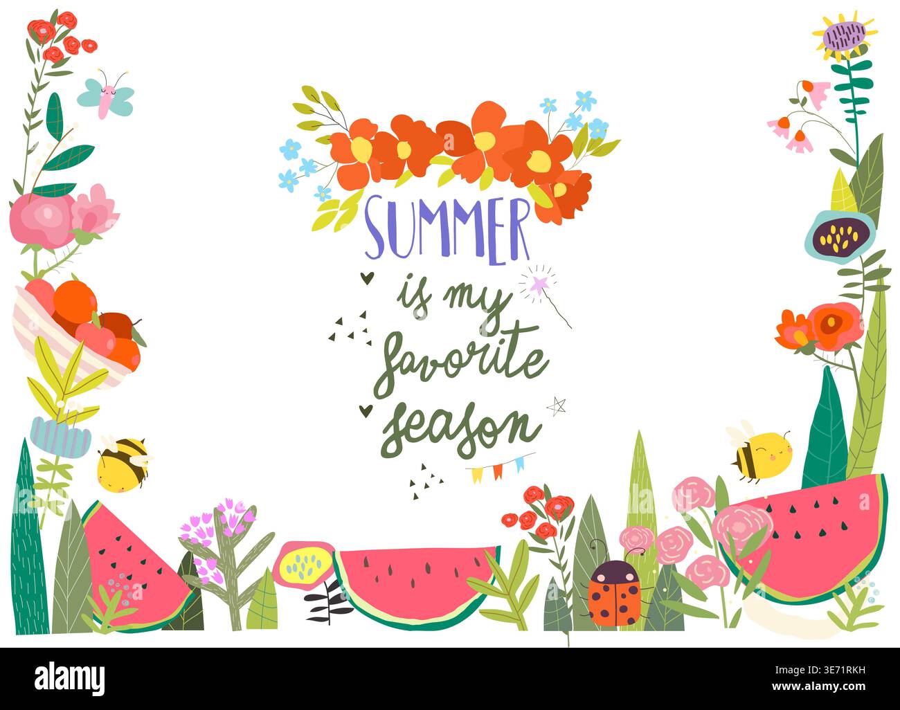 Carino telaio di cartone con anguria, mele, fiori estivi, piante e api Illustrazione Vettoriale