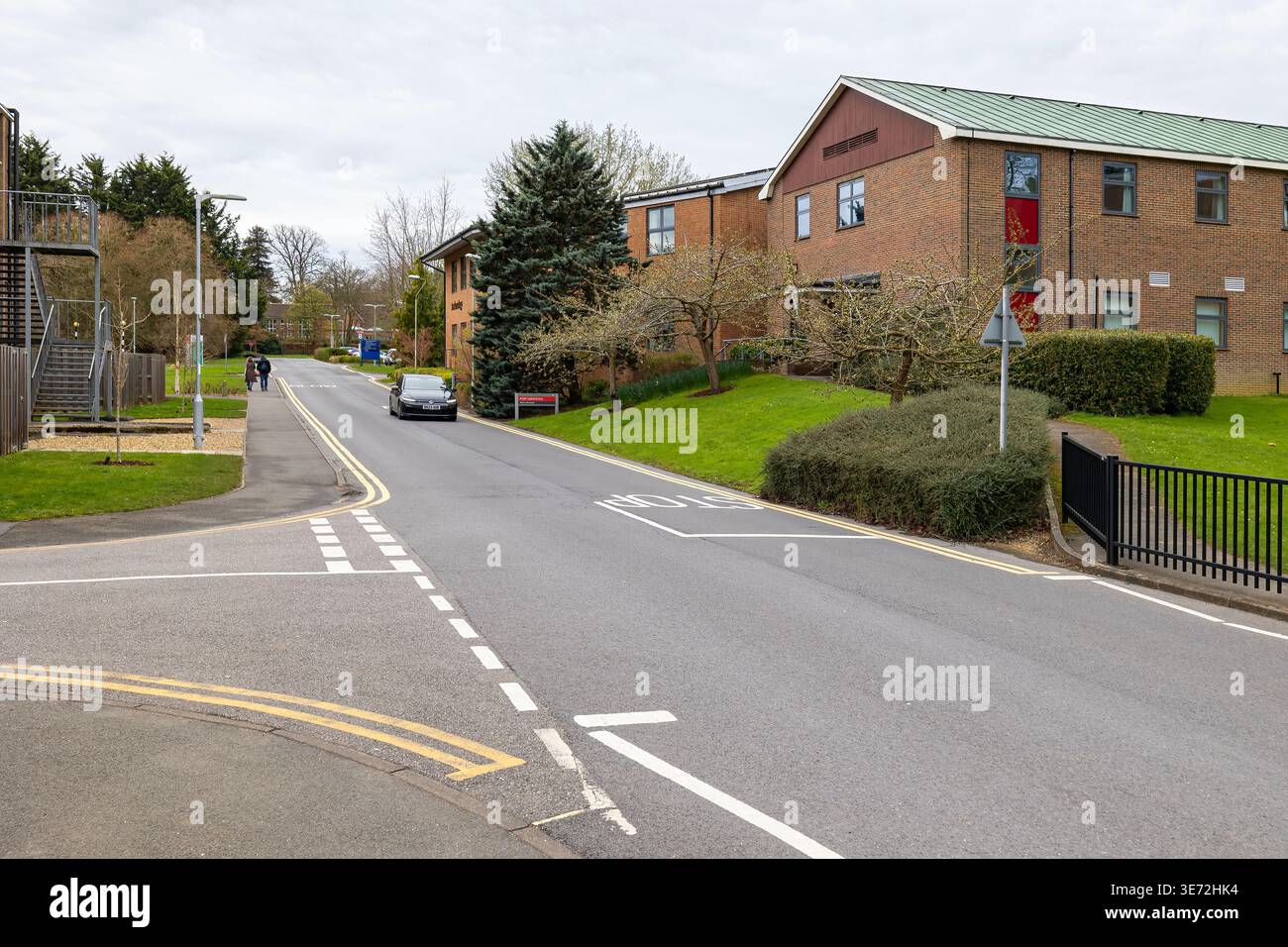 Strada del campus che conduce a Earley Gate, Università di Reading, Berkshire, Regno Unito Foto Stock