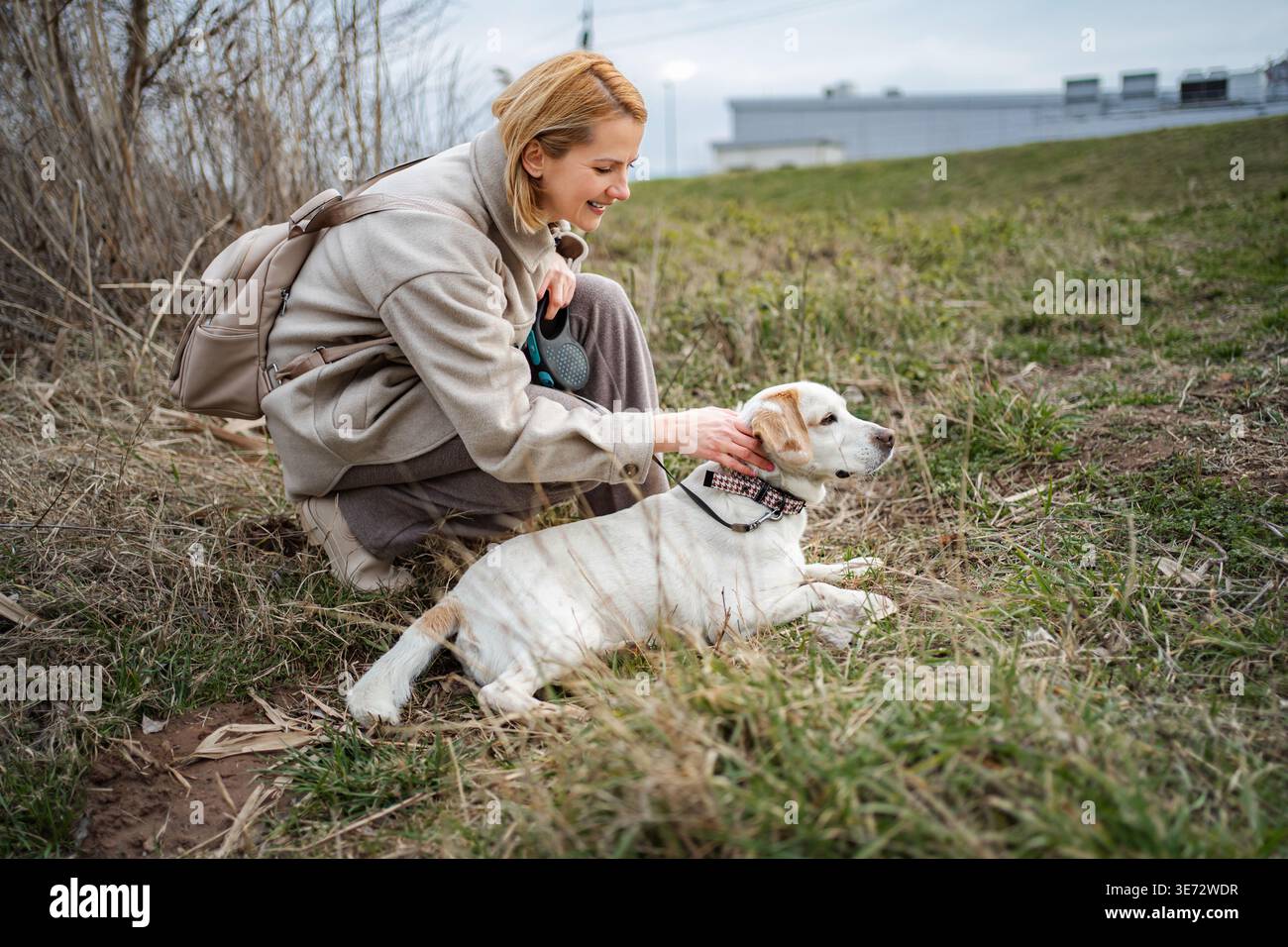 Donna che accarezza il cane labrador retriever bianco durante una passeggiata all'aperto Foto Stock
