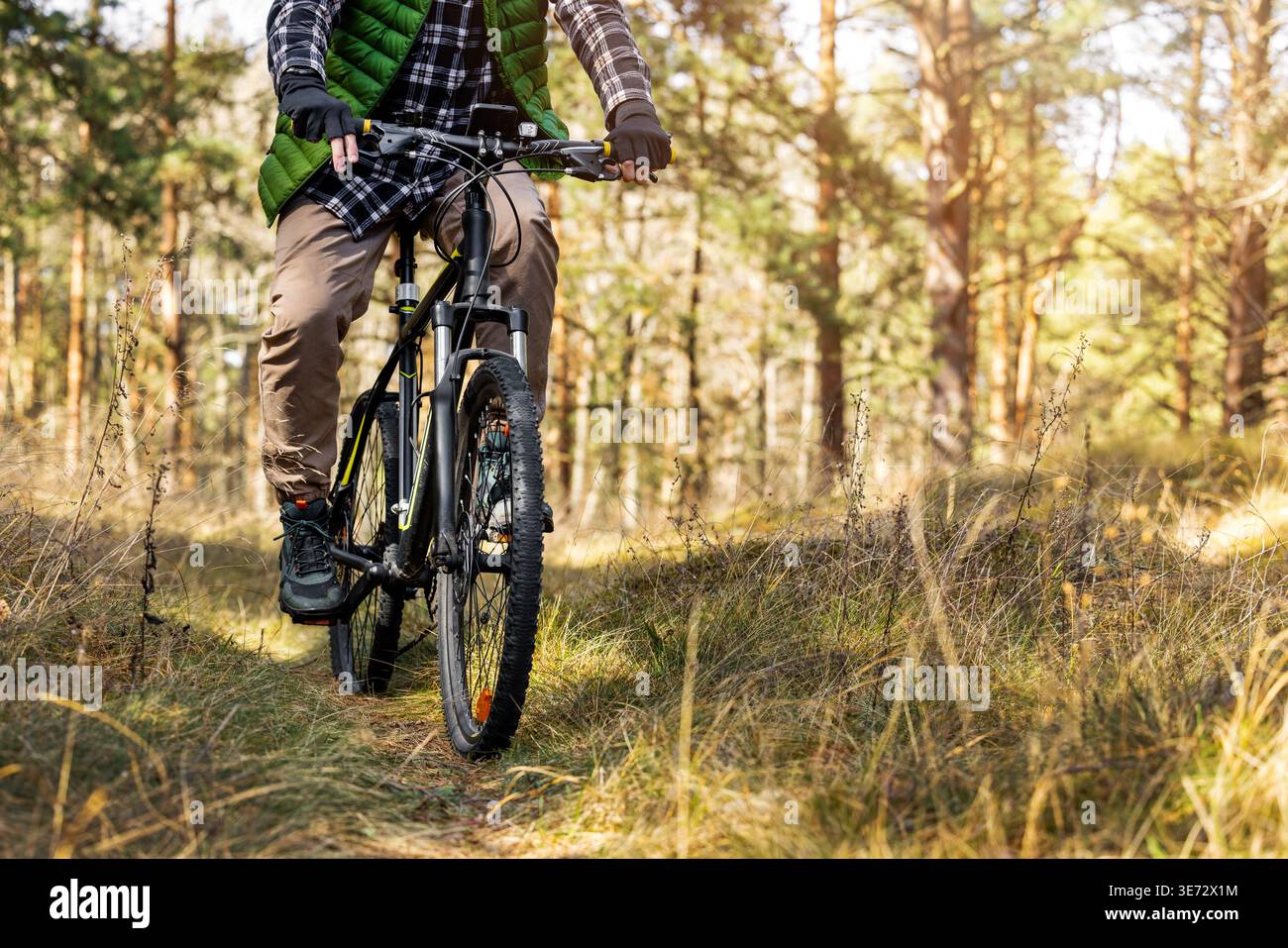 L'uomo fa un giro in mountain bike sul sentiero della foresta. Stile di vita sano e attivo. copia spazio Foto Stock