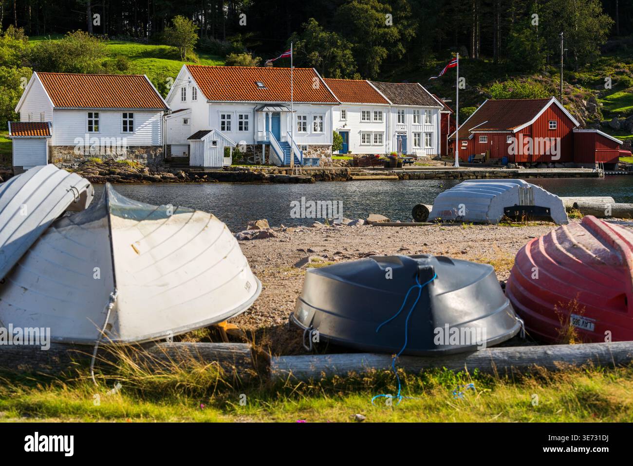 Case tradizionali, Svennvikbukta, Spangereid, Vest Agder, Norvegia Foto Stock