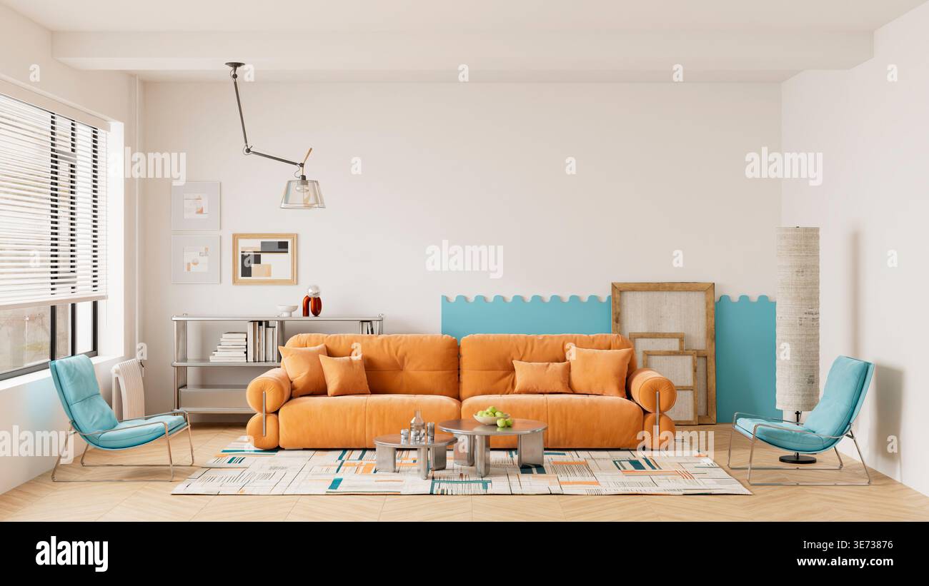 Soggiorno elegante con blocchi di colore audaci e design ispirato al Bauhaus, con arredi contemporanei e arredi minimalisti per interni moderni Foto Stock